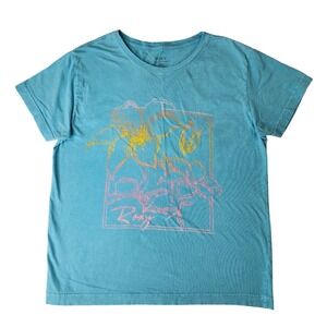 Roxy Graphic Tee L Blue Floral Surf Beachy Vacation Coastal Skater Casual Cotton